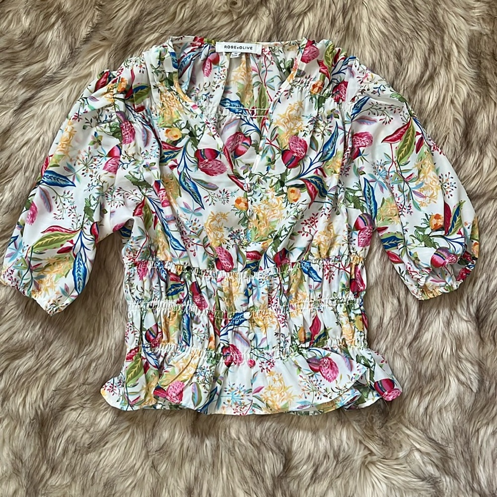 NEW Rose + Olive White Floral Balloon Sleeve Tunic Blouse Top XS